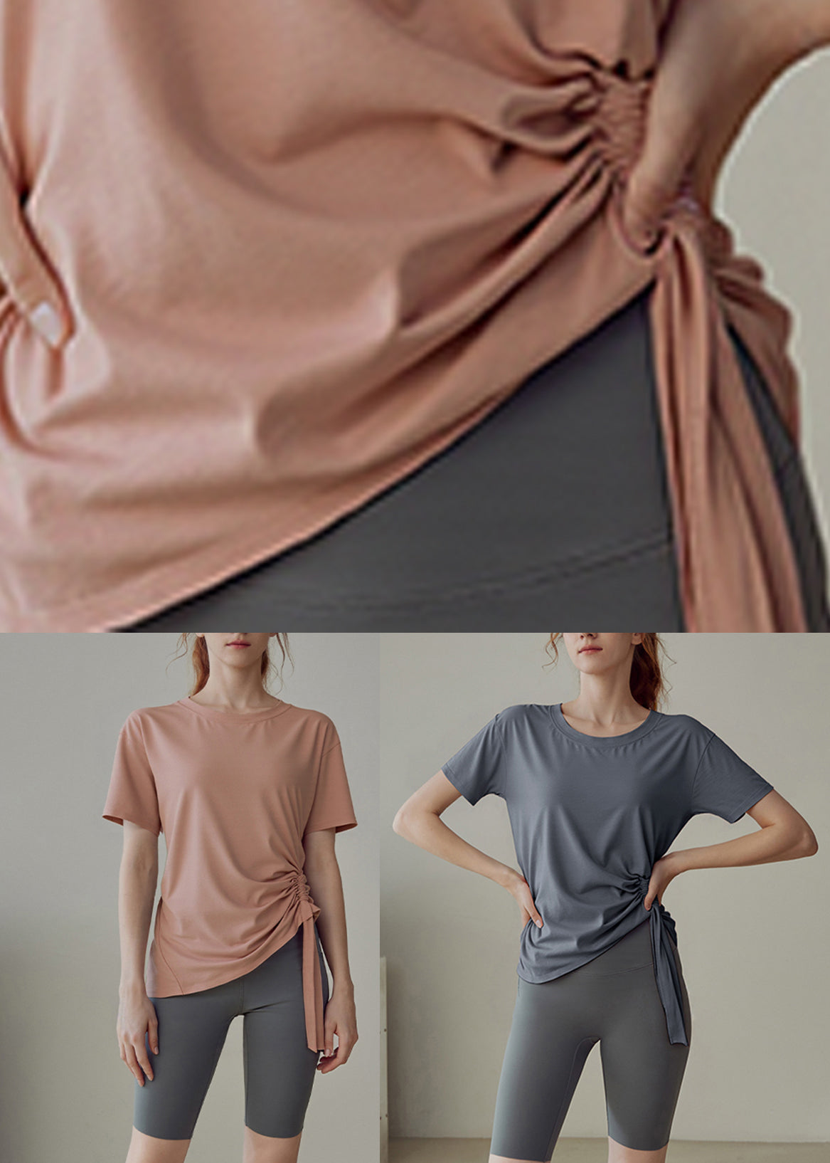 Grey Wrinkled Patchwork Solid Yoga Shirts