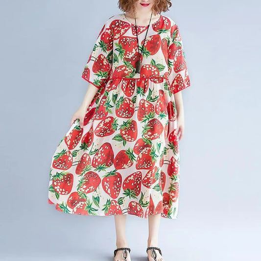 women red print natural Chiffon dress oversized dress boutique short sleeve o neck Extra large hem midi dress