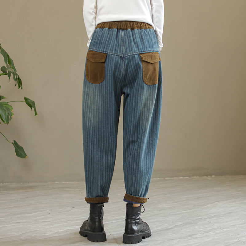 Winter Fashion Patchwork Stripe Furred Harem Jeans