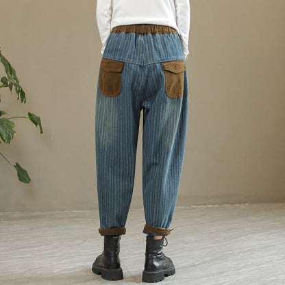 Winter Fashion Patchwork Stripe Furred Harem Jeans