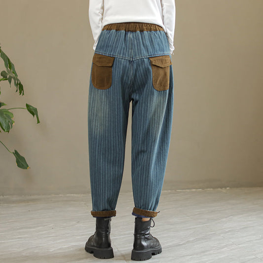 Winter Fashion Patchwork Stripe Furred Harem Jeans