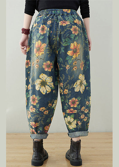 French Navy elastic waist drawstring pockets Print Denim Pants