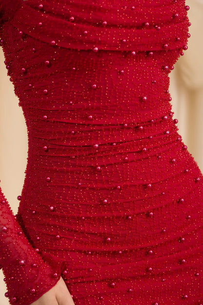 Embellished Cowl-Neck Draped Mini Dress In True Red