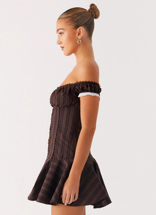 Jumana Off Shoulder Mini Dress - Toffee Stripe