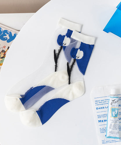 Summer Thin Blue Breathable Jacquard Mid Tube Socks