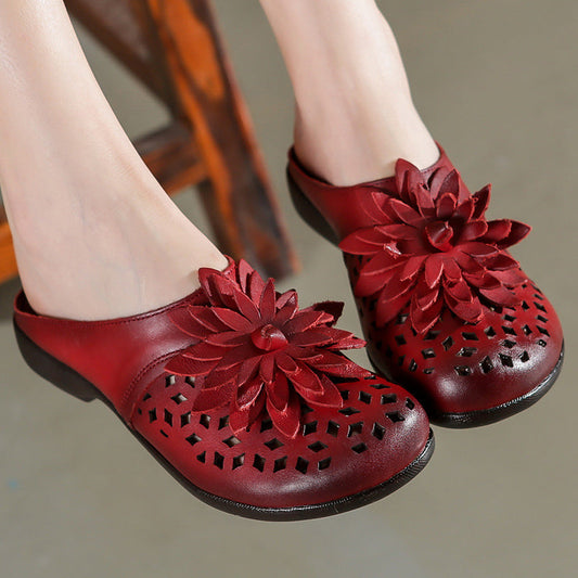Women 2022 Hollow Leather Floral Casual Slippers