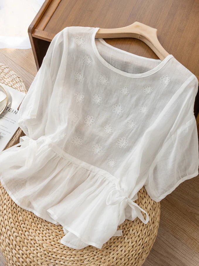 Embroidered Crew Neck Half Sleeve Casual Linen Top
