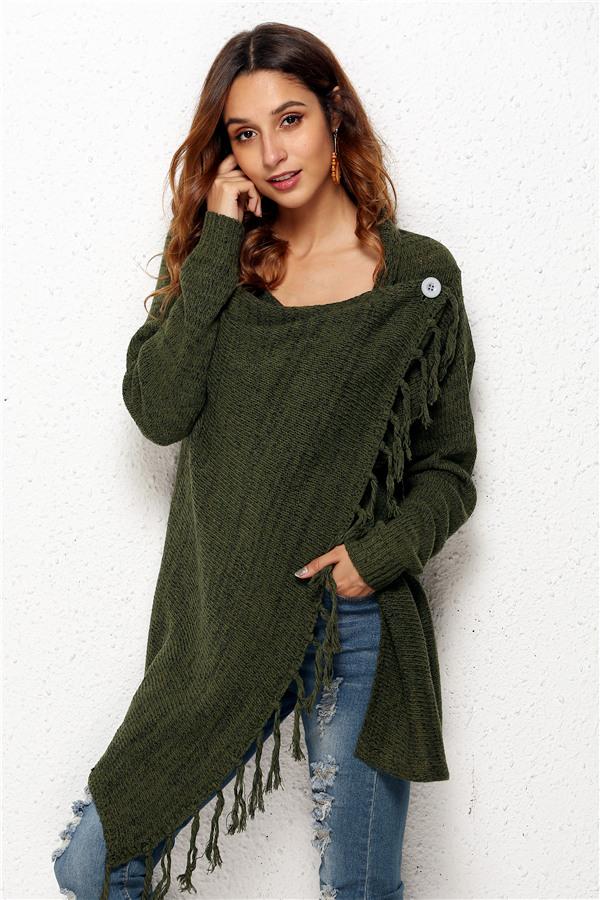 Tassel Asymmetrical Hem Shawl Speckled Fringe Cardigan - Khaki