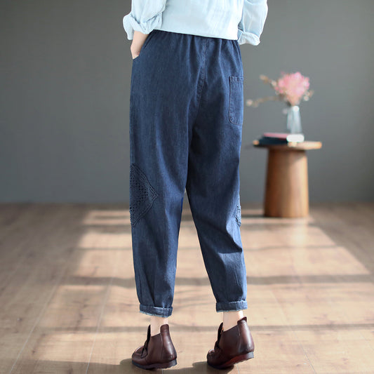 Women Autumn Solid Retro Cotton Jeans