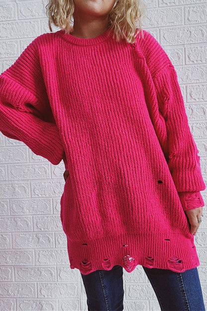 Street Solid Ripped O Neck Tops