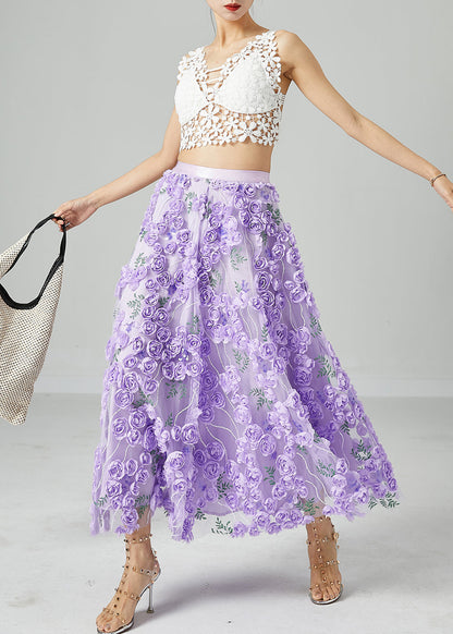 Beautiful Light Purple Embroideried Floral Tulle Skirts Summer