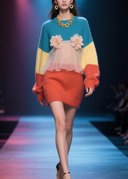Loose Colorblock O Neck Tulle Floral Knit Sweater Dress Winter