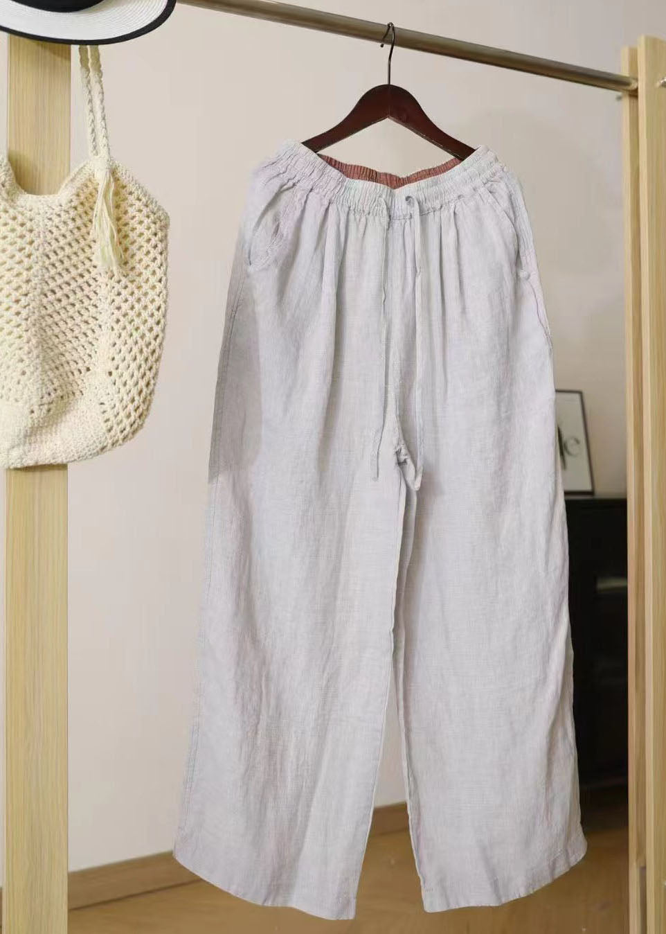 Vintage Blue Oversized Linen Straight Pants Summer