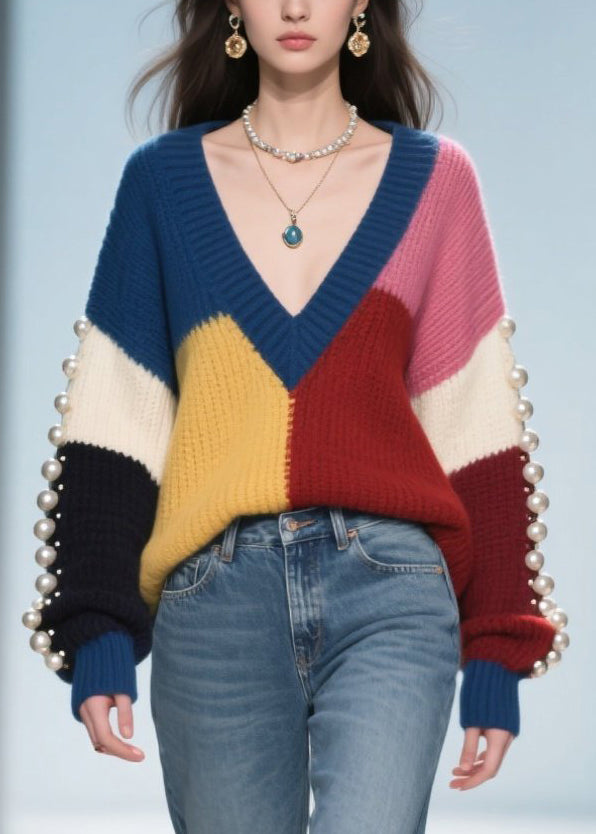 Plus Size Colorblock Nail Bead Patchwork Knit Pullover Fall