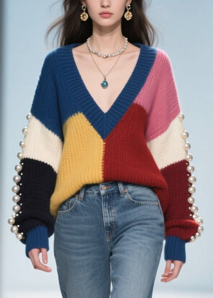 Plus Size Colorblock Nail Bead Patchwork Knit Pullover Fall