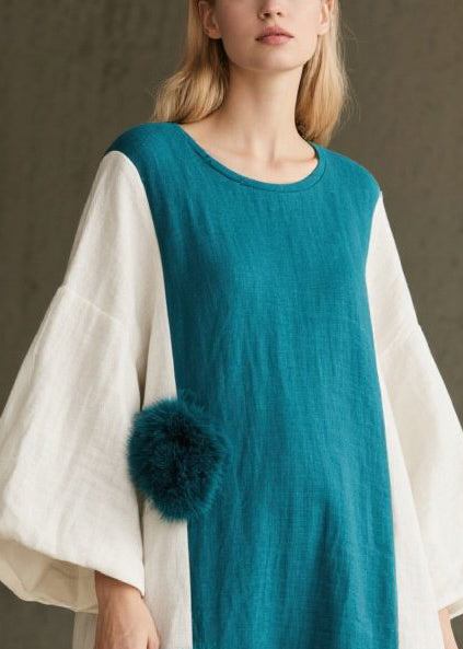 French Colorblock Oversized Patchwork Fuzzy Ball Decorated Dress Lantern Sleeve