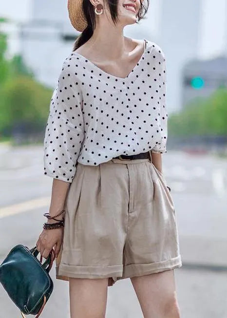 Chic linen Blouse Vintage Casual Linen Dot V-Neck Women Blouse