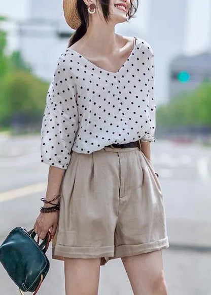 Chic linen Blouse Vintage Casual Linen Dot V-Neck Women Blouse