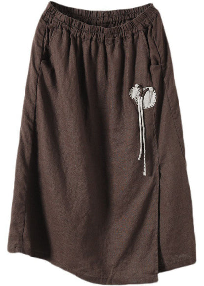 Vintage Chocolate Elastic Waist Side Open Linen A Line Skirts Summer