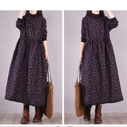 Winter Korean Style High-neck Plush Floral Dress