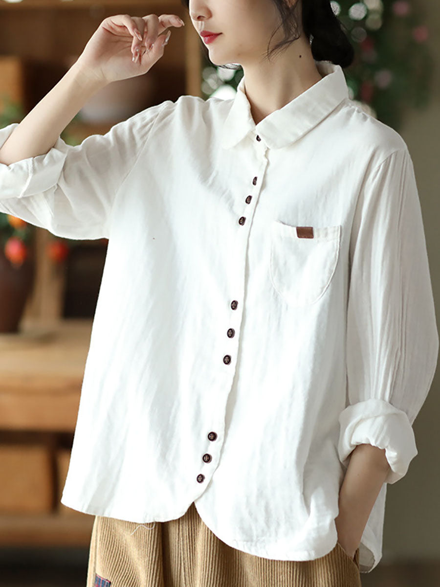 Women Spring Vintage Solid Button Pocket T-shirt