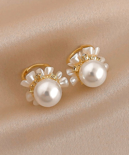 Cute Gold Alloy Zircon Pearl Floral Hoop Earrings