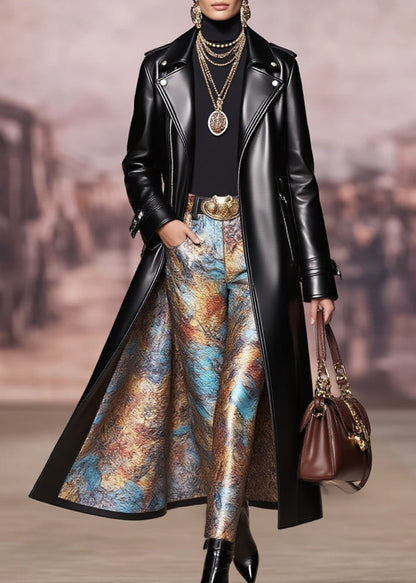 Women Black Peter Pan Collar Pockets Faux Leather Coat Spring