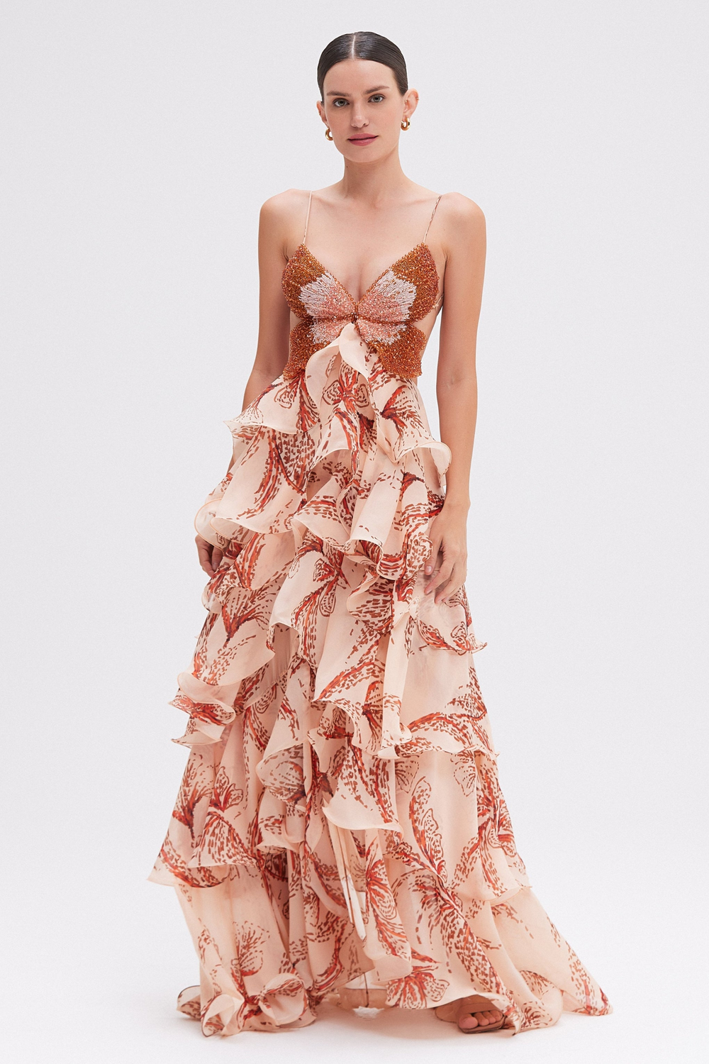 Floral Butterfly Beaded Tiered Ruffle Maxi Dress