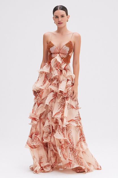 Floral Butterfly Beaded Tiered Ruffle Maxi Dress