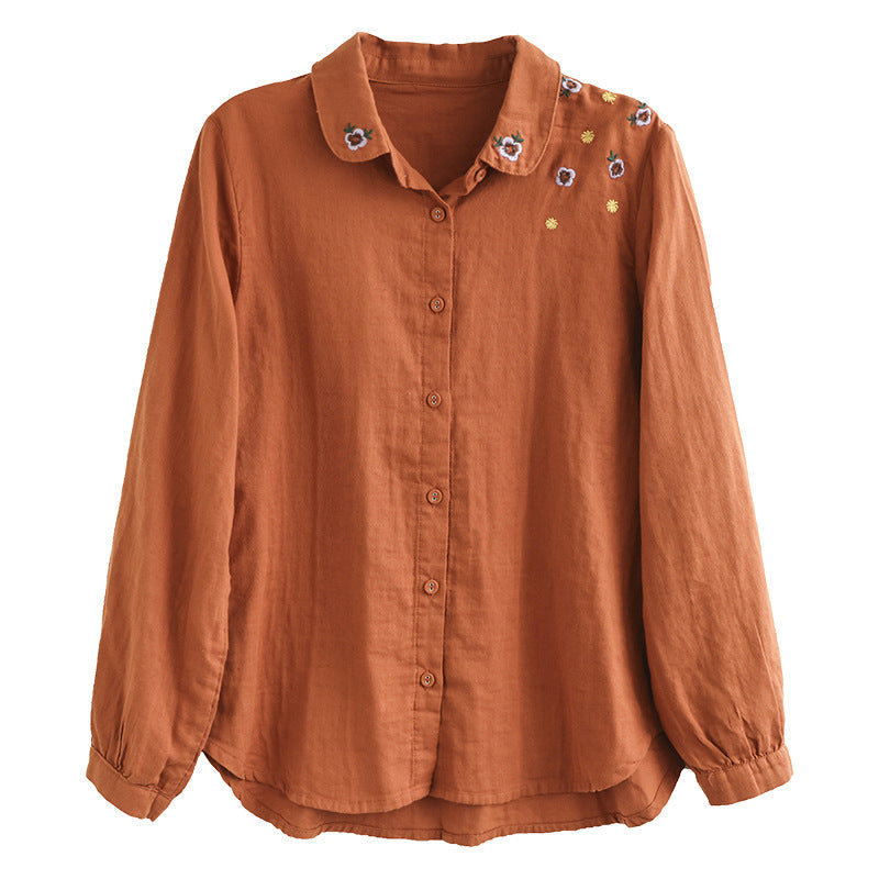 Art Vintage Double Layer Cotton Long Sleeve Floral Embroidery Shirt