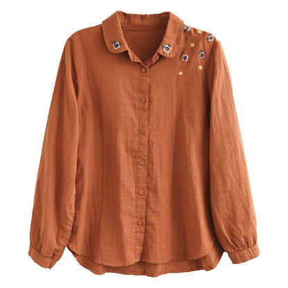 Art Vintage Double Layer Cotton Long Sleeve Floral Embroidery Shirt