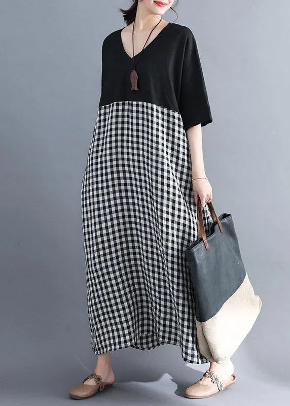 Loose v neck cotton clothes Women Shirts black patchwork Maxi Dresses summer