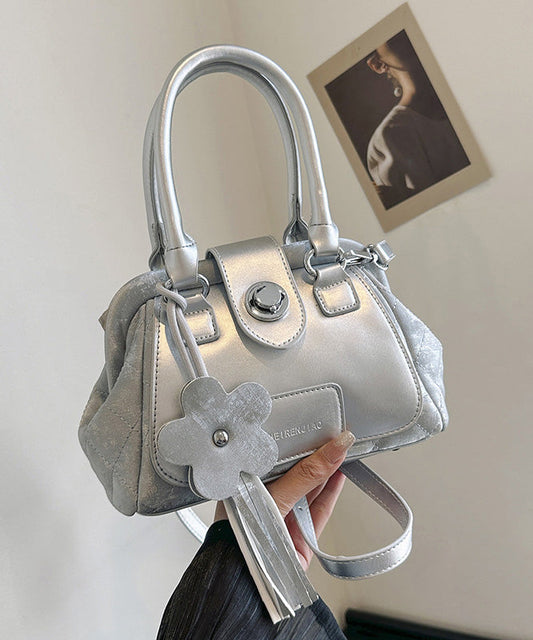 Fine Silvery Flower Decorated Durable Faux Leather Tote Mini Bag