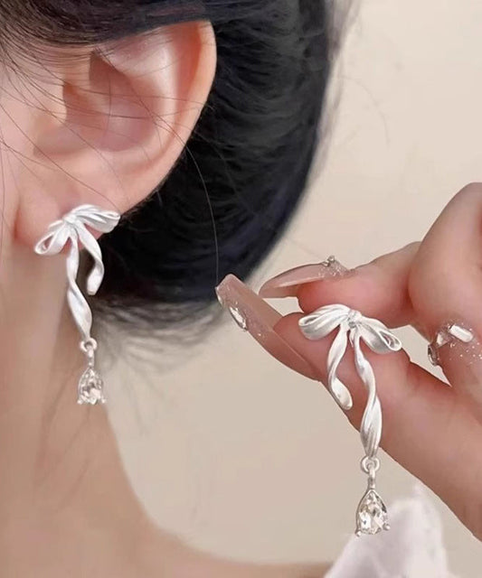 Elegant White Copper Alloy Butterfly Silk Ribbon Drop Earrings