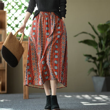 Retro Print Casual Cotton Linen A-Line Skirt