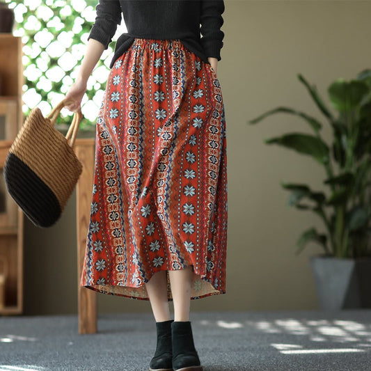 Retro Print Casual Cotton Linen A-Line Skirt