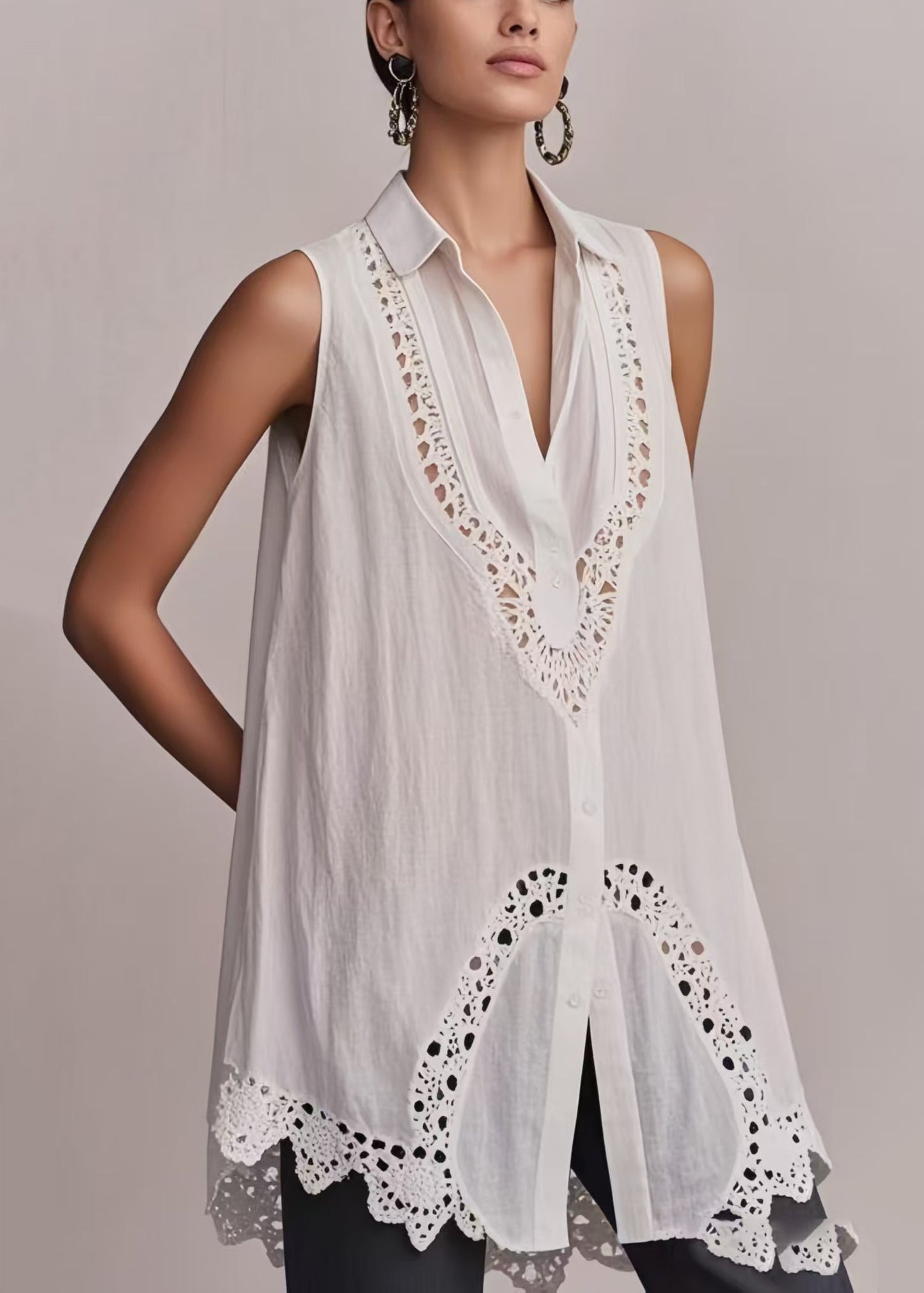 Fashion White Hollow Out Cotton Long Vest Sleeveless