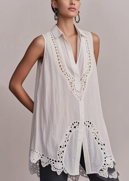 Fashion White Hollow Out Cotton Long Vest Sleeveless