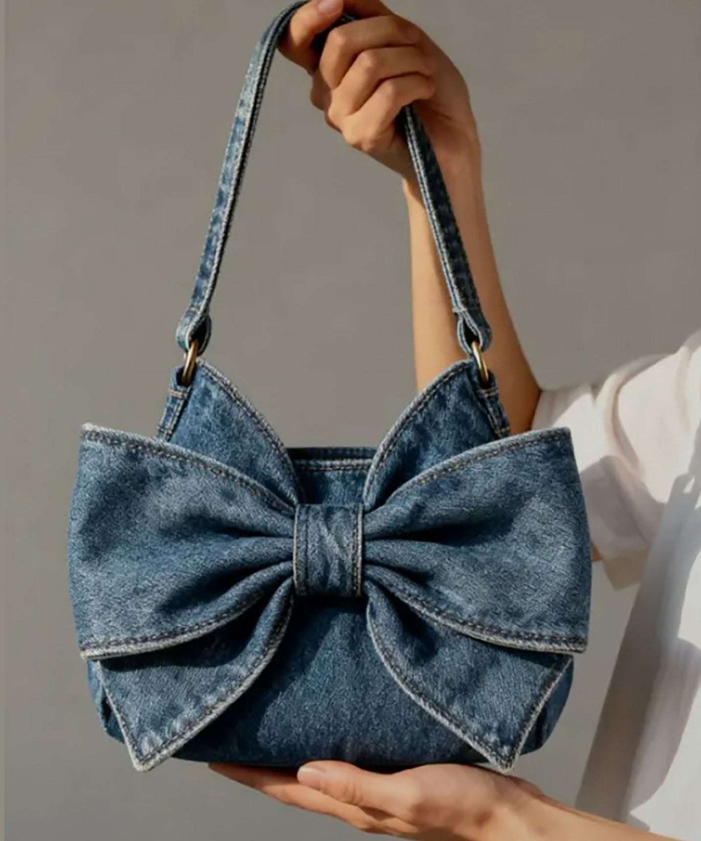 Vintage Navy Bow Solid Durable Denim Shoulder Bags