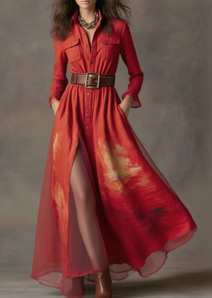 New Red Print Patchwork Cotton Long Dresses Spring