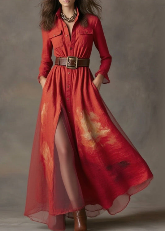 New Red Print Patchwork Cotton Long Dresses Spring