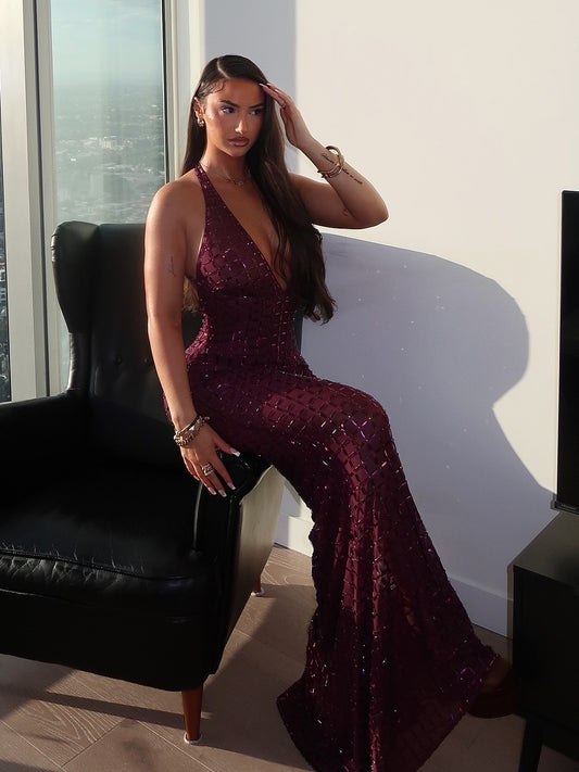 Sexy Halter Deep V Plaid Sequins Dress