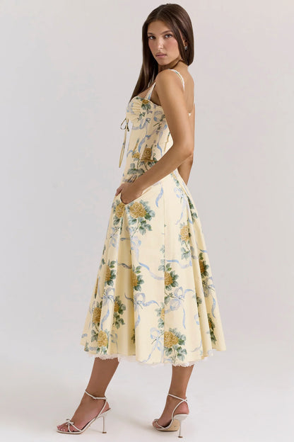 Lemon Vintage Ribbon Print Cotton Midi Dress