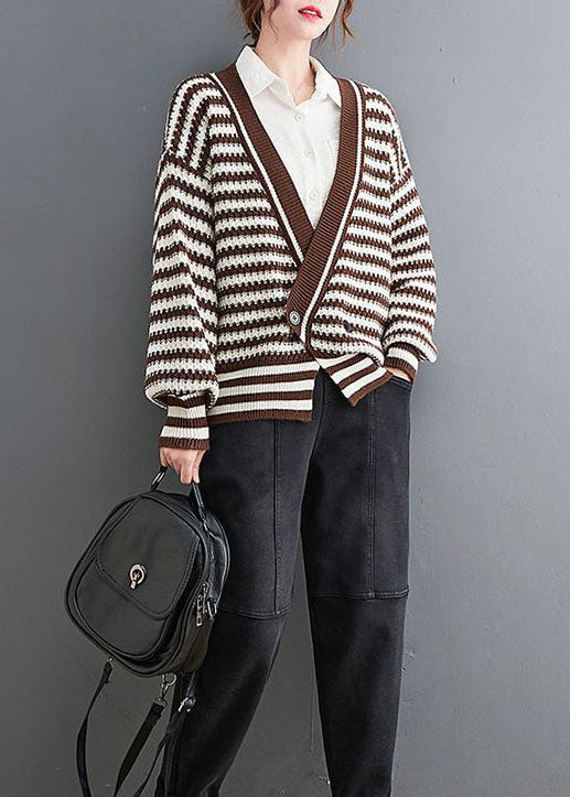 Boho Coffee V Neck Striped Cozy Knit Coat Outwear Spring