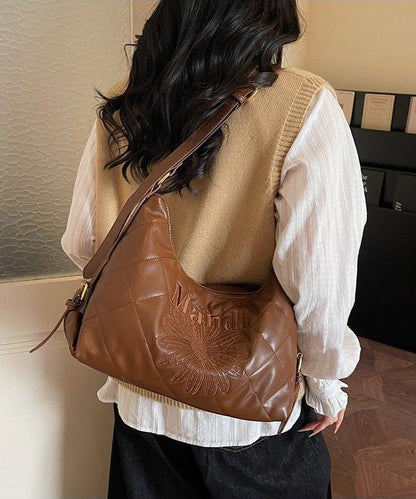 Classy Brown Embroidered Flower Letter Faux Leather Messenger Bag