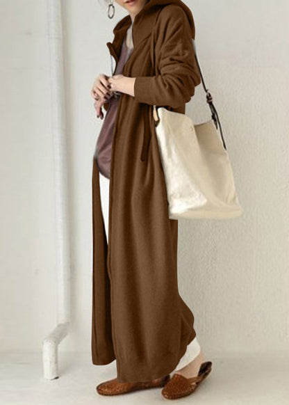 Brown Zippered Pockets Solid Warm Fleece Long Coat Hooded