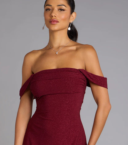 Classic Glitz Glitter Knit Off-The-Shoulder Mini Dress