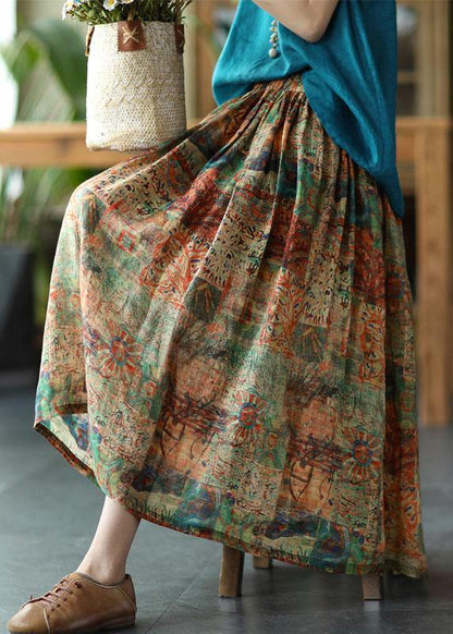 Women brown-tree Print Ramie Elastic Waist Skirt