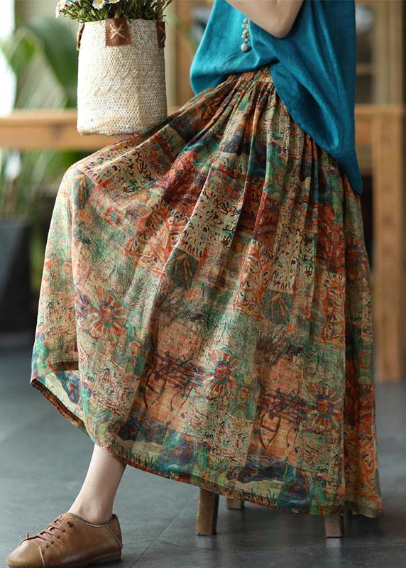 Women blue stripes Print Ramie Elastic Waist Skirt