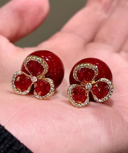 Stylish Red Copper Overgild Zircon Floral Stud Earrings